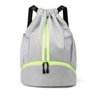 Drawstring Gym Bag for Men, Waterproof Drawstring Backpack for Women, Swim with Shoes Compartment, Pull String Sport Bag for Soccer and Basketball. (Grey)