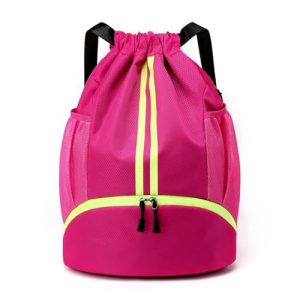 Drawstring Gym Bag for Men, Waterproof Drawstring Backpack for Women, Swim with Shoes Compartment, Pull String Sport Bag for Soccer and Basketball. (Rose)