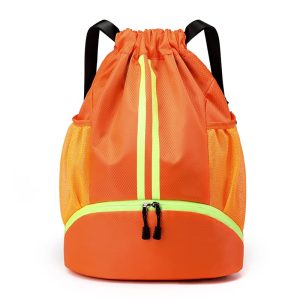 Drawstring Gym Bag for Men, Waterproof Drawstring Backpack for Women, Swim with Shoes Compartment, Pull String Sport Bag for Soccer and Basketball. (Orange)