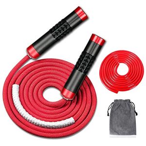 Weighted Jump Rope for Workout Fitness(1LB), Tangle-Free Ball Bearing Rapid Speed Skipping Rope for MMA Boxing Weight-loss,Aluminum Handle Adjustable Length 9MM Fabric Cotton+9MM Solid PVC Rope
