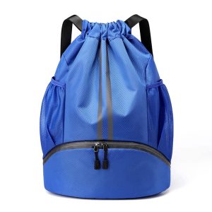 Drawstring Gym Bag for Men, Waterproof Drawstring Backpack for Women, Swim with Shoes Compartment, Pull String Sport Bag for Soccer and Basketball. (Blue)